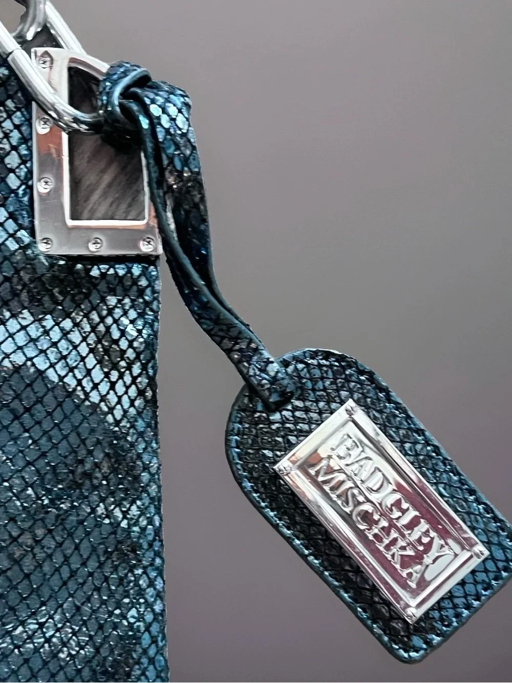 Badgley Mischka Leather Satchel Blue Black Iridescent Bag Snake Skin Style Tote